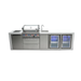 Front view of the Mont Alpi 400 Deluxe Island featuring a built-in gas grill, sink with faucet, storage cabinet, and dual glass-door beverage coolers.