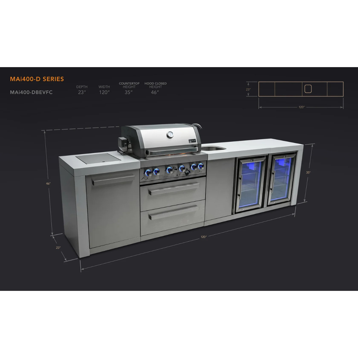 Dimension diagram of the Mont Alpi 400 Deluxe Island with beverage centre and fridge cabinet, showing overall width, depth, countertop height, and hood height measurements.