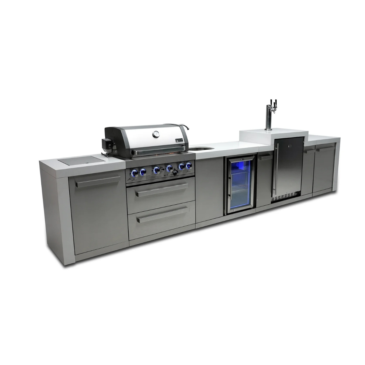 Angled front view of the Mont Alpi 400 Deluxe Island featuring a built-in gas grill, sink, beverage centre, kegerator, storage cabinets, and stainless steel countertops.