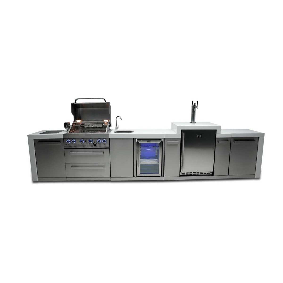 Front view of the Mont Alpi 400 Deluxe Island with the grill hood open, showcasing the cooking area, sink, beverage centre, kegerator, and integrated storage.