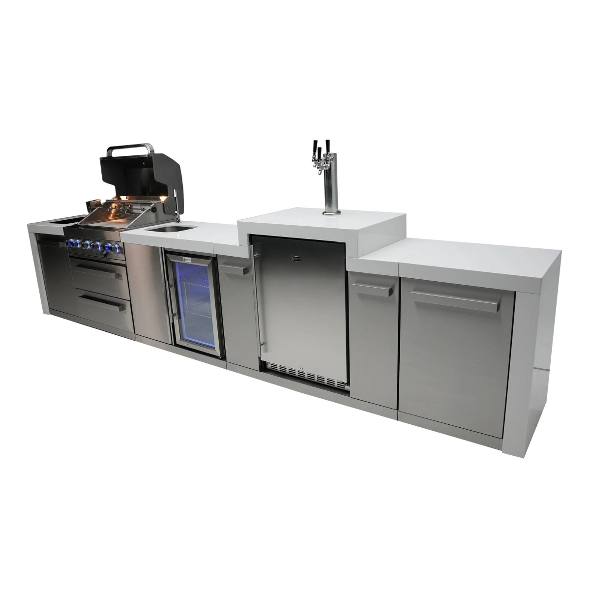 Rear angled view of the Mont Alpi 400 Deluxe Island highlighting the beverage centre, kegerator, storage cabinets, sink, and open grill.