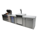 Rear angled view of the Mont Alpi 400 Deluxe Island highlighting the beverage centre, kegerator, storage cabinets, sink, and open grill.
