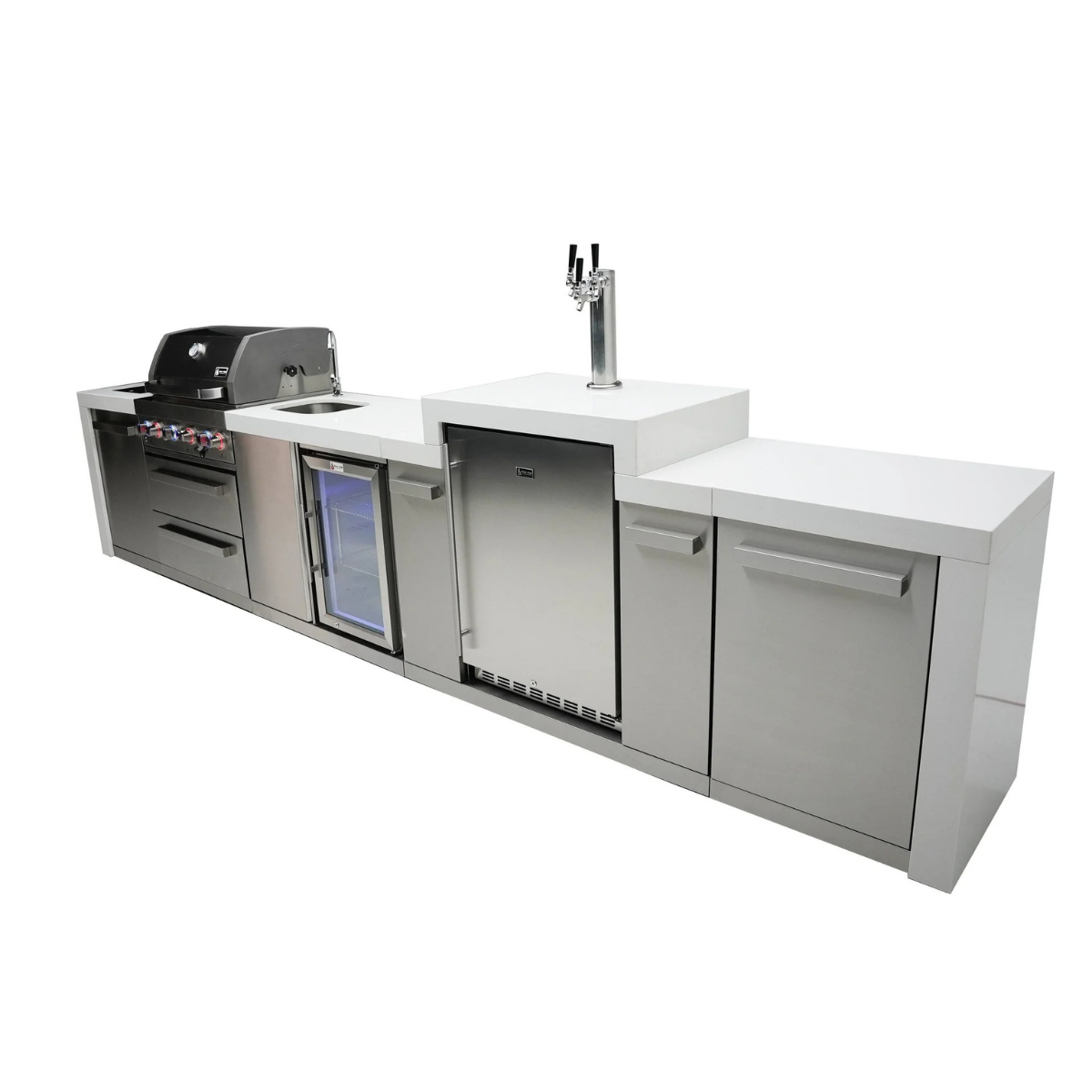 Rear perspective view of the Mont Alpi 400 Deluxe Island with closed grill hood, beverage centre, kegerator tap tower, sink, and stainless steel storage compartments.