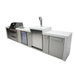 Rear perspective view of the Mont Alpi 400 Deluxe Island with closed grill hood, beverage centre, kegerator tap tower, sink, and stainless steel storage compartments.
