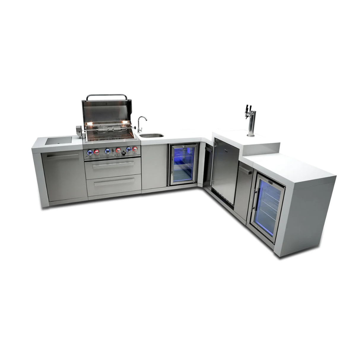 Elevated front view of the Mont Alpi 400 Deluxe Island with open grill hood, integrated sink, beverage centre, kegerator, fridge cabinet, and stainless steel cabinetry.