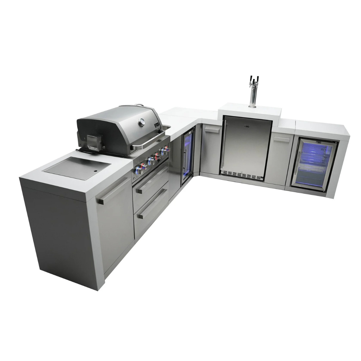 Rear angled view of the Mont Alpi 400 Deluxe Island highlighting the built-in gas grill, beverage cooler, kegerator tap tower, fridge cabinet, and corner countertop design.