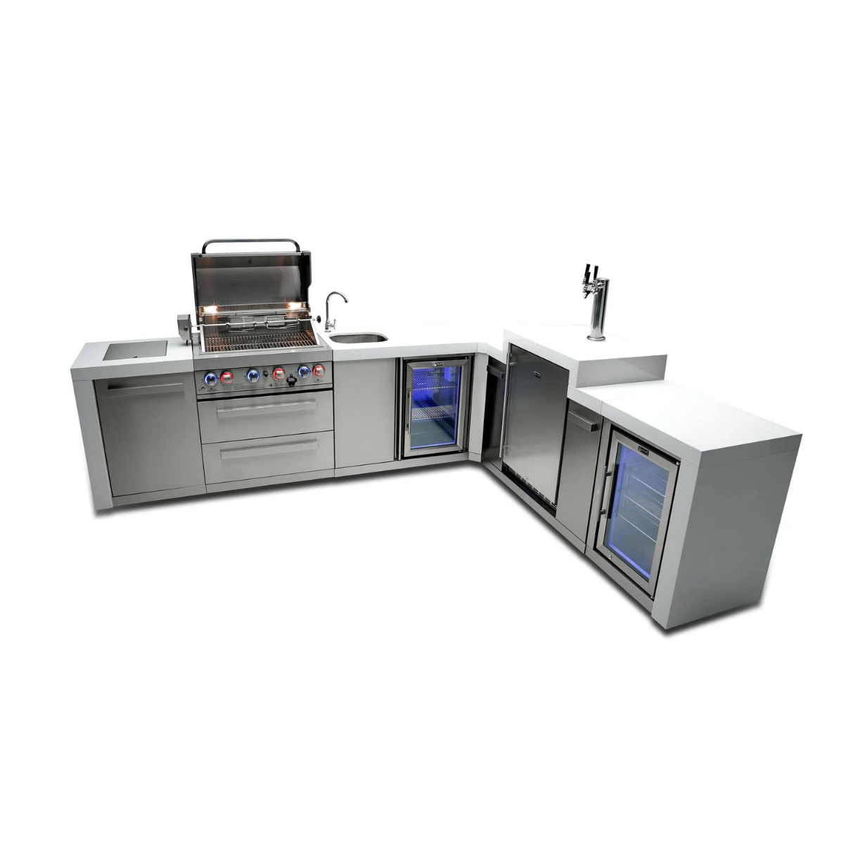 Front angled view of the Mont Alpi 400 Deluxe Island with open grill, sink, beverage centre, kegerator, fridge cabinet, and spacious L-shaped outdoor kitchen layout.