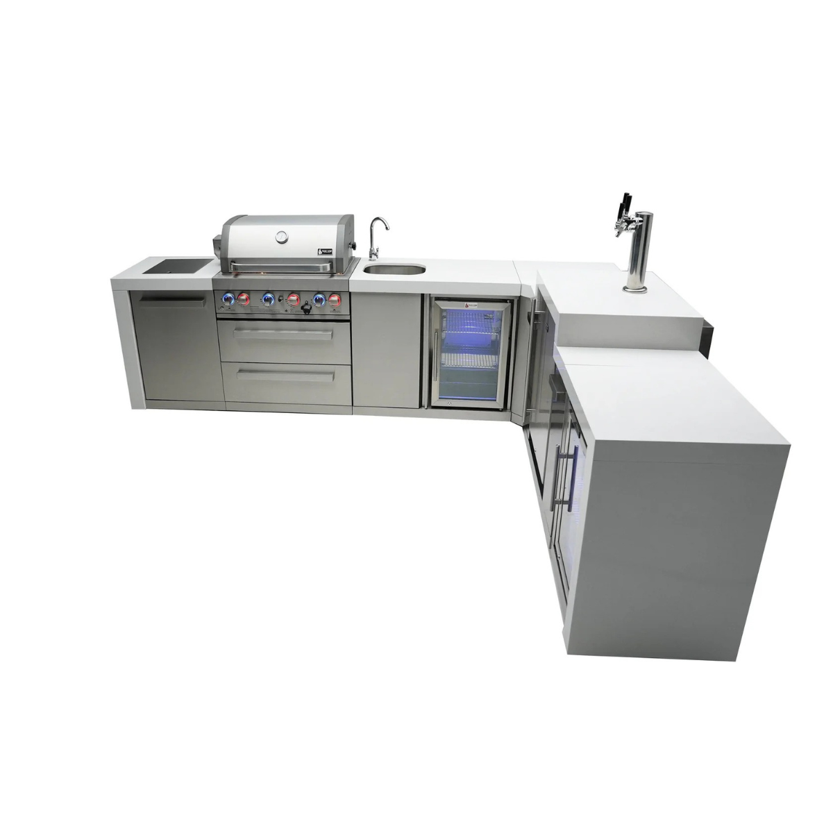 Side perspective of the Mont Alpi 400 Deluxe Island featuring a closed grill hood, beverage cooler, kegerator with dual tap tower, fridge cabinet, and corner island configuration.