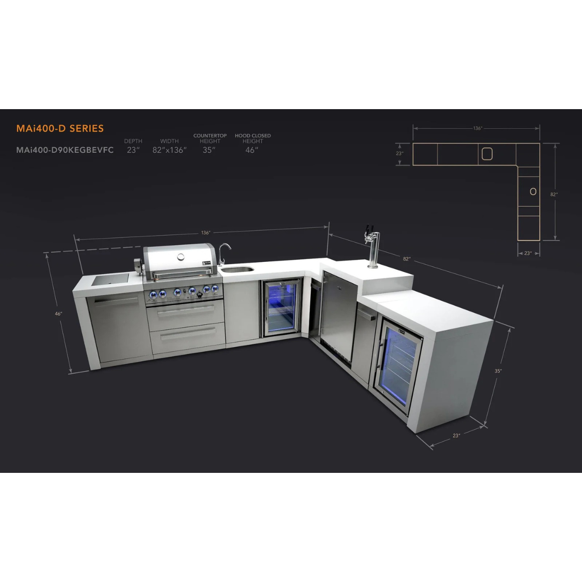 Dimension diagram of the Mont Alpi 400 Deluxe Island with 90-degree corner, kegerator, beverage centre, and fridge cabinet, showing overall width, depth, countertop height, and hood height measurements.
