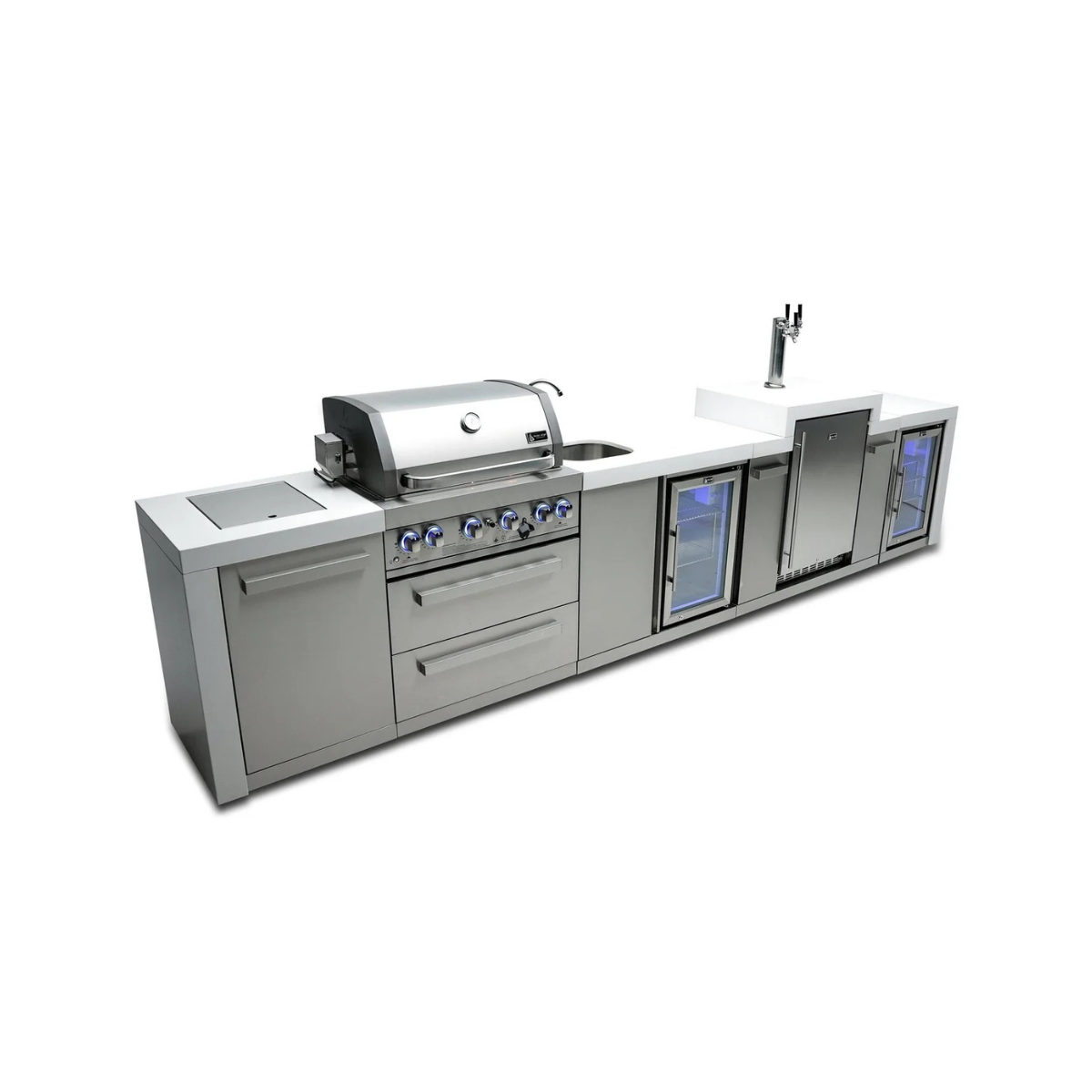 Angled front view of the Mont Alpi 400 Deluxe Island featuring a built-in gas grill, sink, kegerator, beverage centre, and dual glass-door refrigerators.