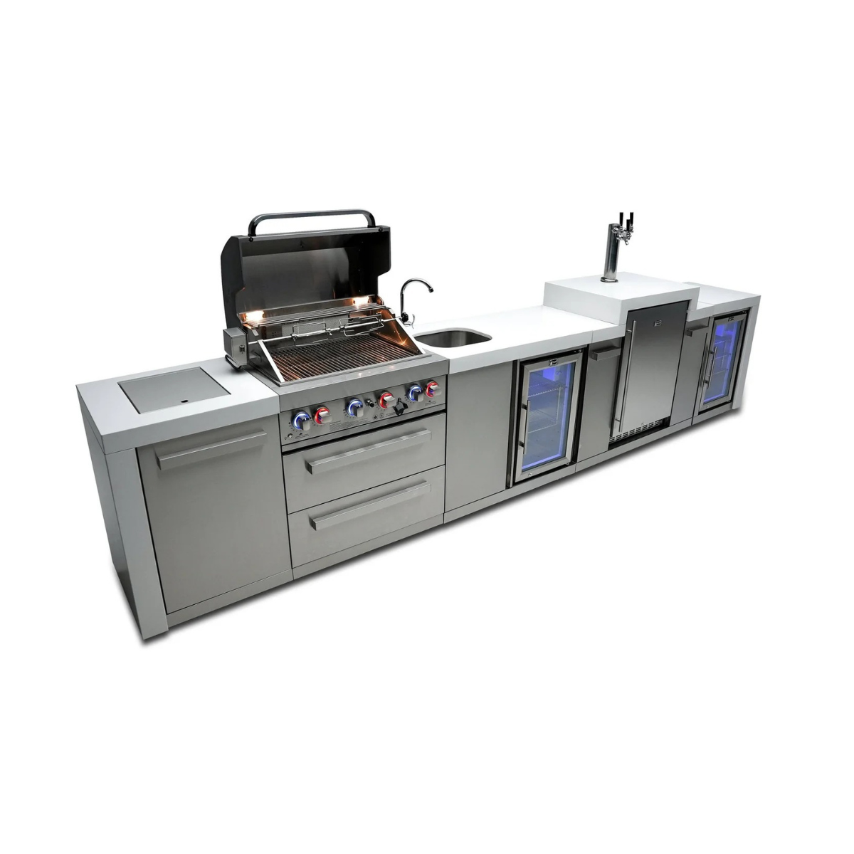 Mont Alpi 400 Deluxe Island with the grill hood open, showcasing the cooking grates, rotisserie system, sink, kegerator, beverage centre, and refrigerated storage.