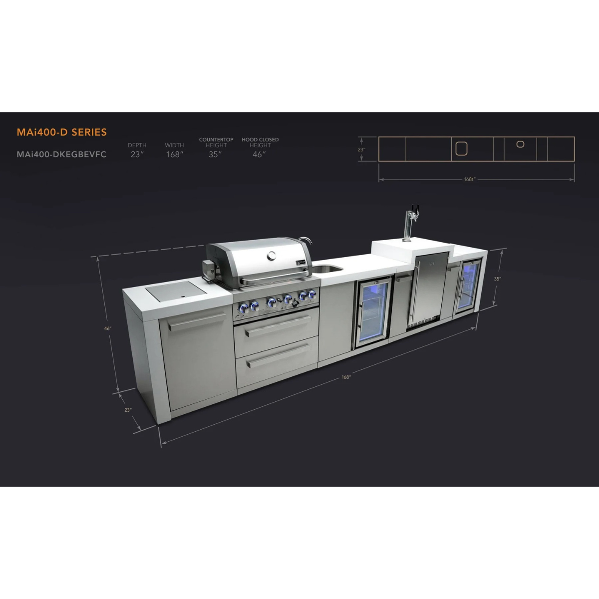 Dimension diagram of the Mont Alpi 400 Deluxe Island showing overall width, depth, countertop height, and hood height measurements.