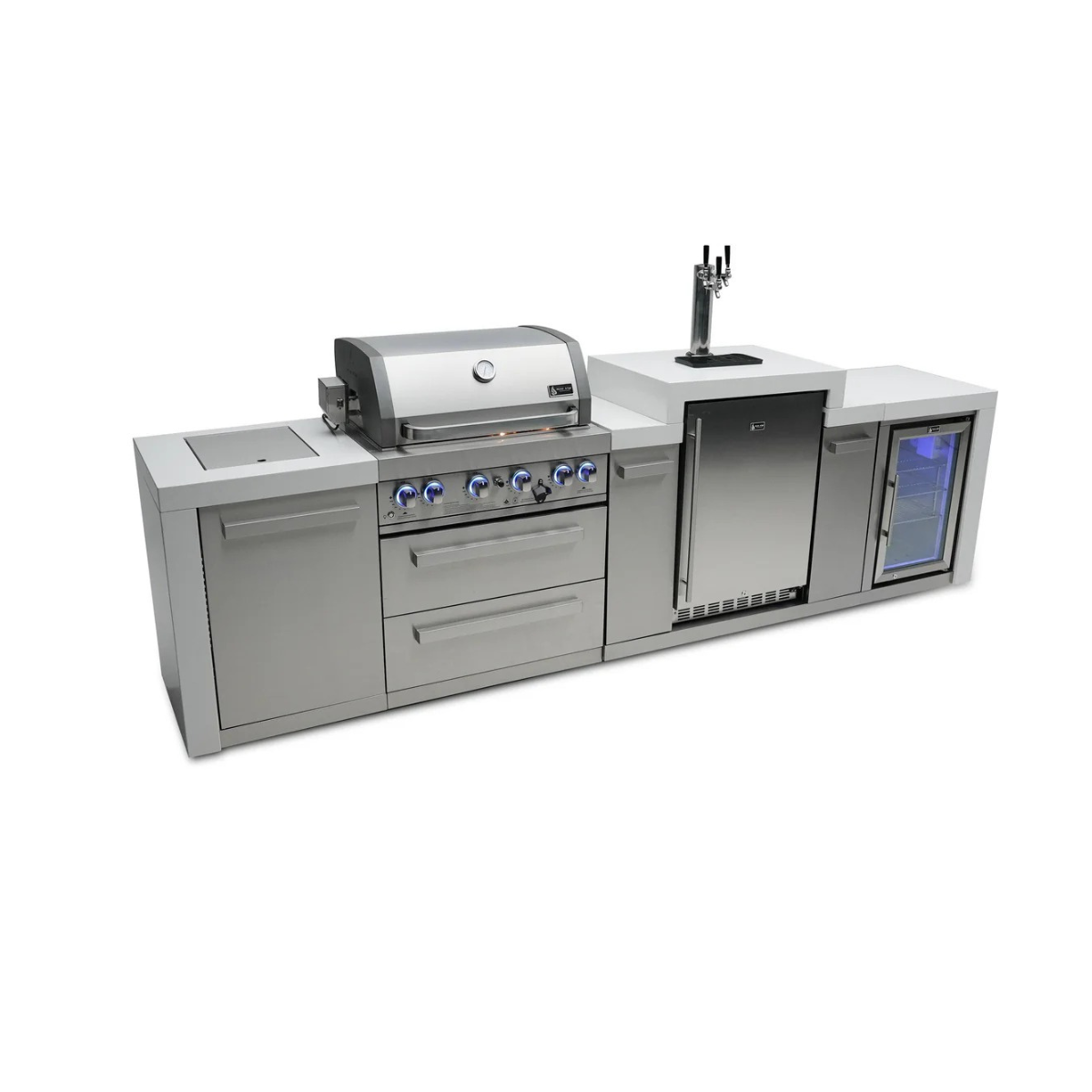Front-right perspective of the Mont Alpi 400 Deluxe Island featuring a six-burner grill, kegerator tap tower, fridge cabinet, and spacious outdoor preparation area.