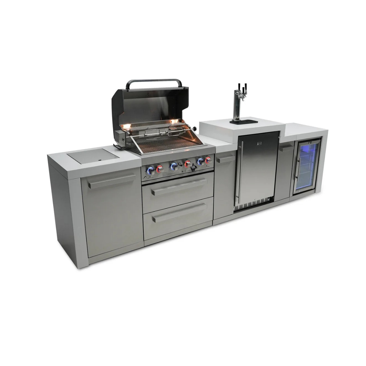Front-left perspective of the Mont Alpi 400 Deluxe Island with open grill, storage drawers, kegerator, fridge cabinet, and durable stainless steel construction.