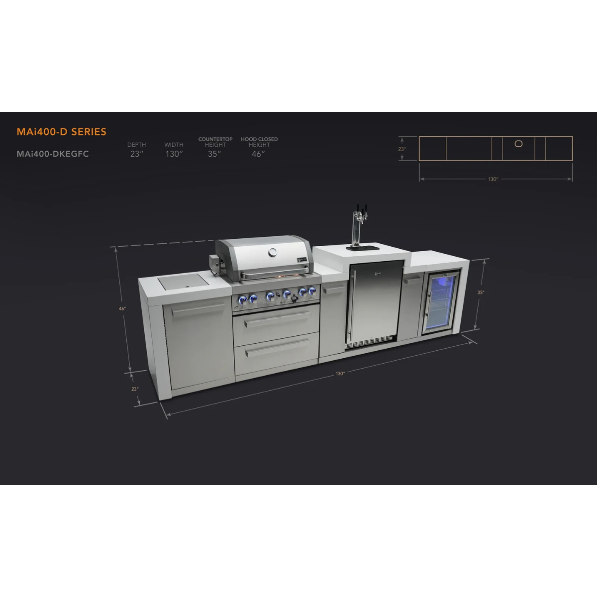 Dimension diagram of the Mont Alpi 400 Deluxe Island showing overall width, depth, countertop height, hood height, and appliance layout.