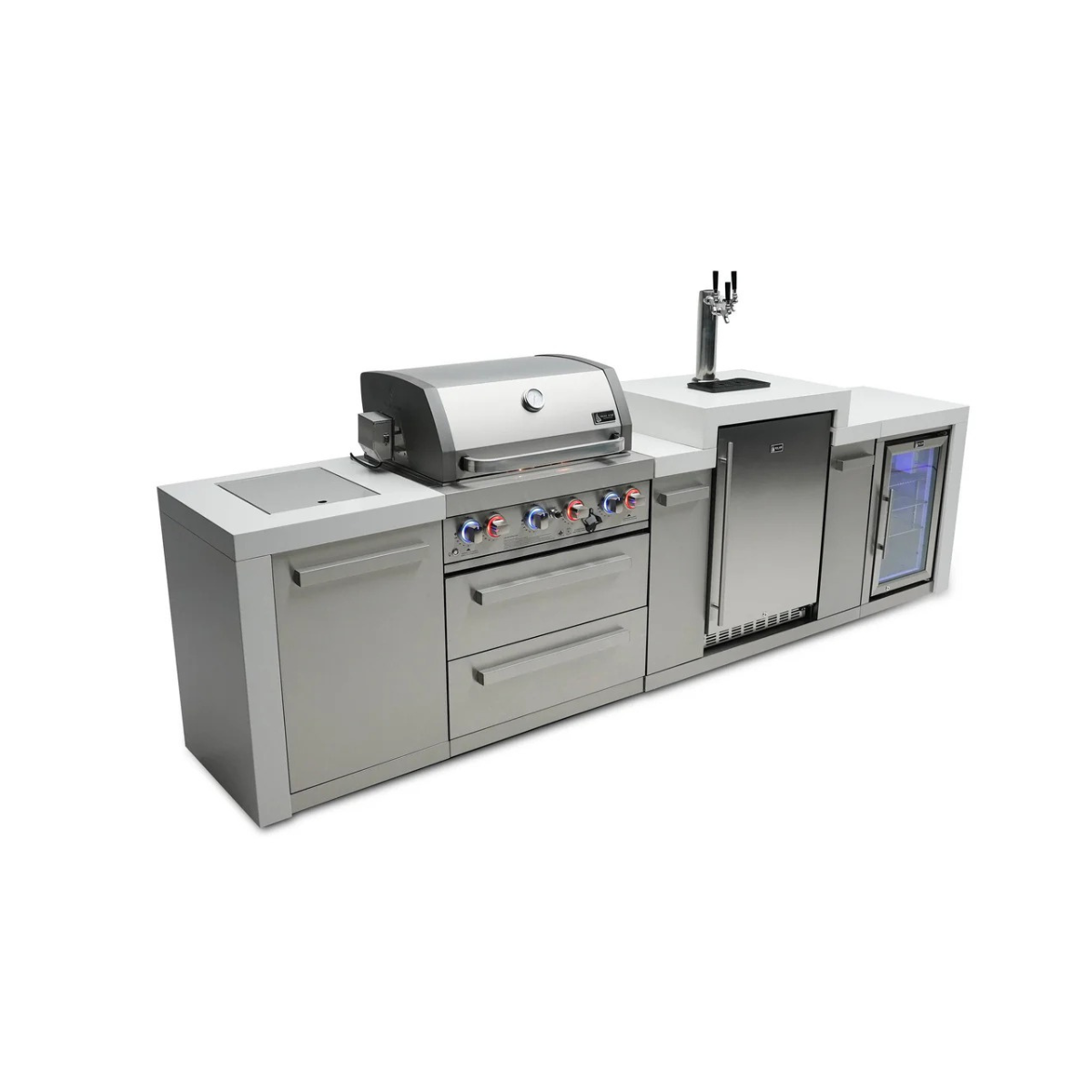 Angled front view of the Mont Alpi 400 Deluxe Island with closed grill lid, kegerator, fridge cabinet, storage drawers, and premium outdoor kitchen configuration.