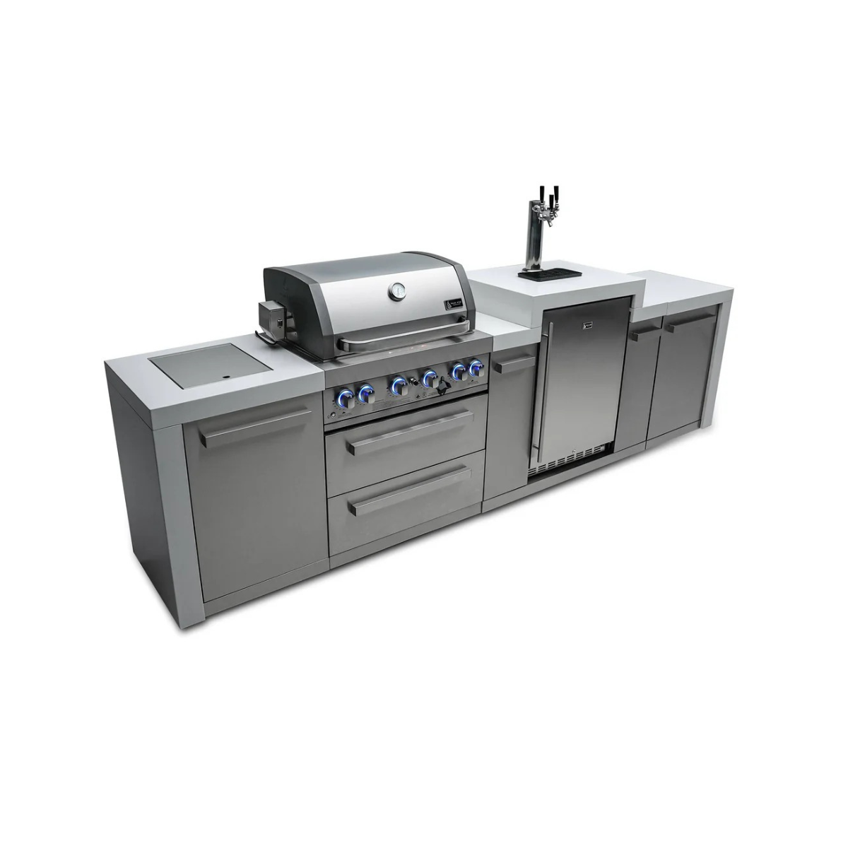 Angled front view of the Mont Alpi 400 Deluxe Island featuring a built-in gas grill, kegerator with dual beer taps, storage drawers, and stainless steel outdoor kitchen cabinetry.