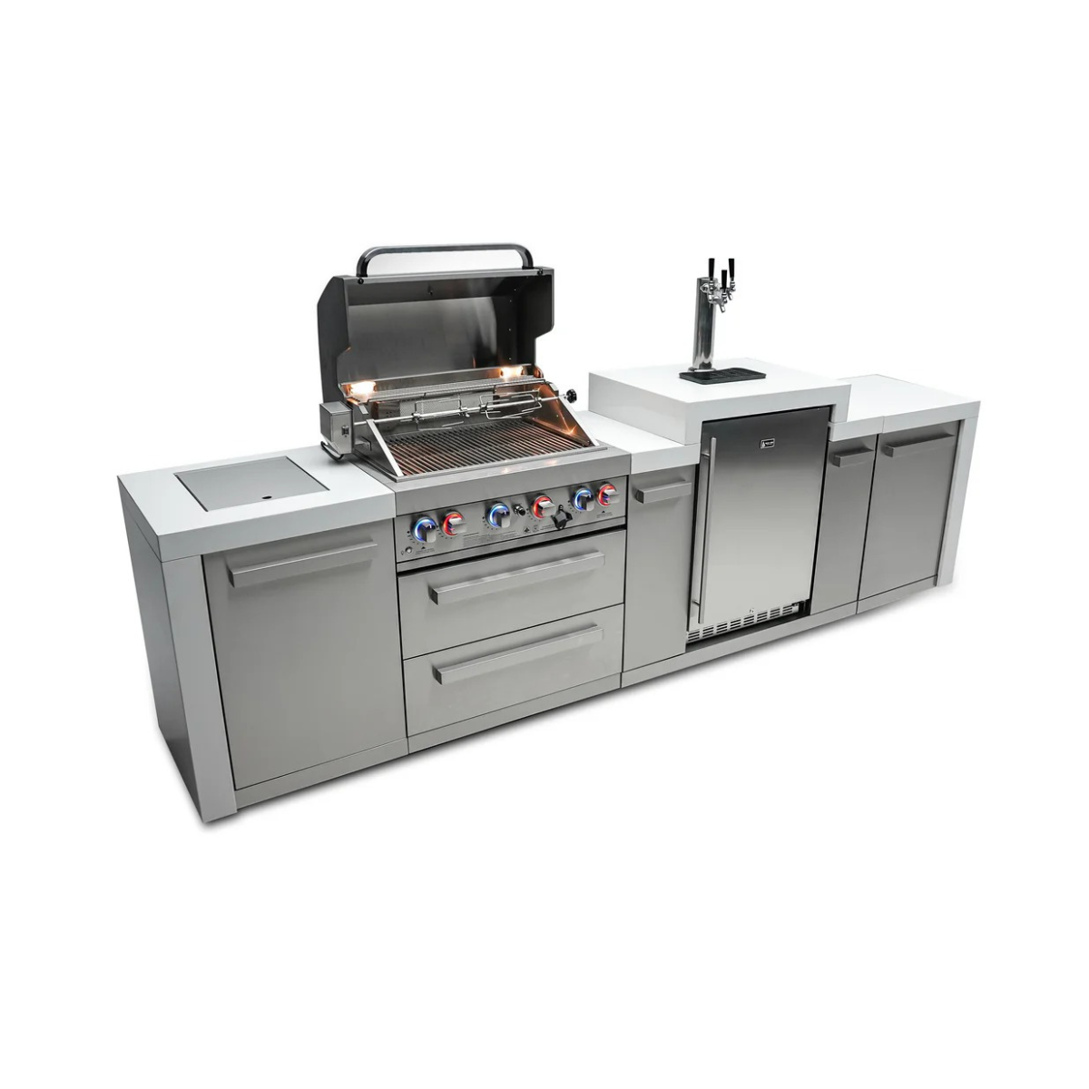 Angled front view of the Mont Alpi 400 Deluxe Island with grill hood open, displaying the cooking grates, rotisserie system, kegerator, and spacious storage compartments.