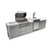 Angled front view of the Mont Alpi 400 Deluxe Island with grill hood open, displaying the cooking grates, rotisserie system, kegerator, and spacious storage compartments.