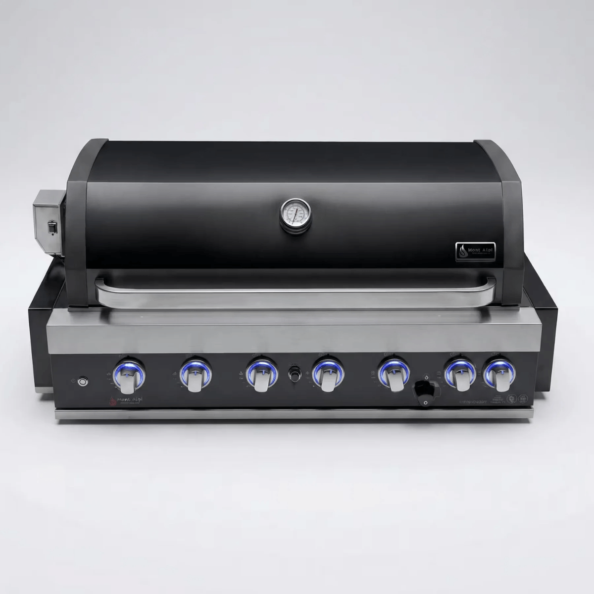 Front view of the Mont Alpi 44-Inch Black Stainless Steel Built-In Grill with closed hood, black stainless finish, and illuminated control panel.