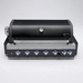 Front view of the Mont Alpi 44-Inch Black Stainless Steel Built-In Grill with closed hood, black stainless finish, and illuminated control panel.