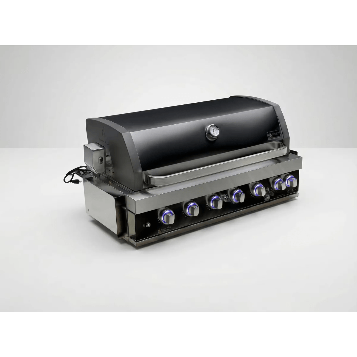 Angled view of the Mont Alpi 44-Inch Black Stainless Steel Built-In Grill with closed hood, temperature gauge, and blue LED control knobs.