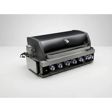 Angled view of the Mont Alpi 44-Inch Black Stainless Steel Built-In Grill with closed hood, temperature gauge, and blue LED control knobs.