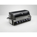 Angled view of the Mont Alpi 44-Inch Black Stainless Steel Built-In Grill with closed hood, temperature gauge, and blue LED control knobs.
