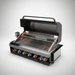 Mont Alpi 44-Inch Black Stainless Steel Built-In Grill with hood open, featuring rotisserie system, warming rack, interior lights, and spacious cooking surface.