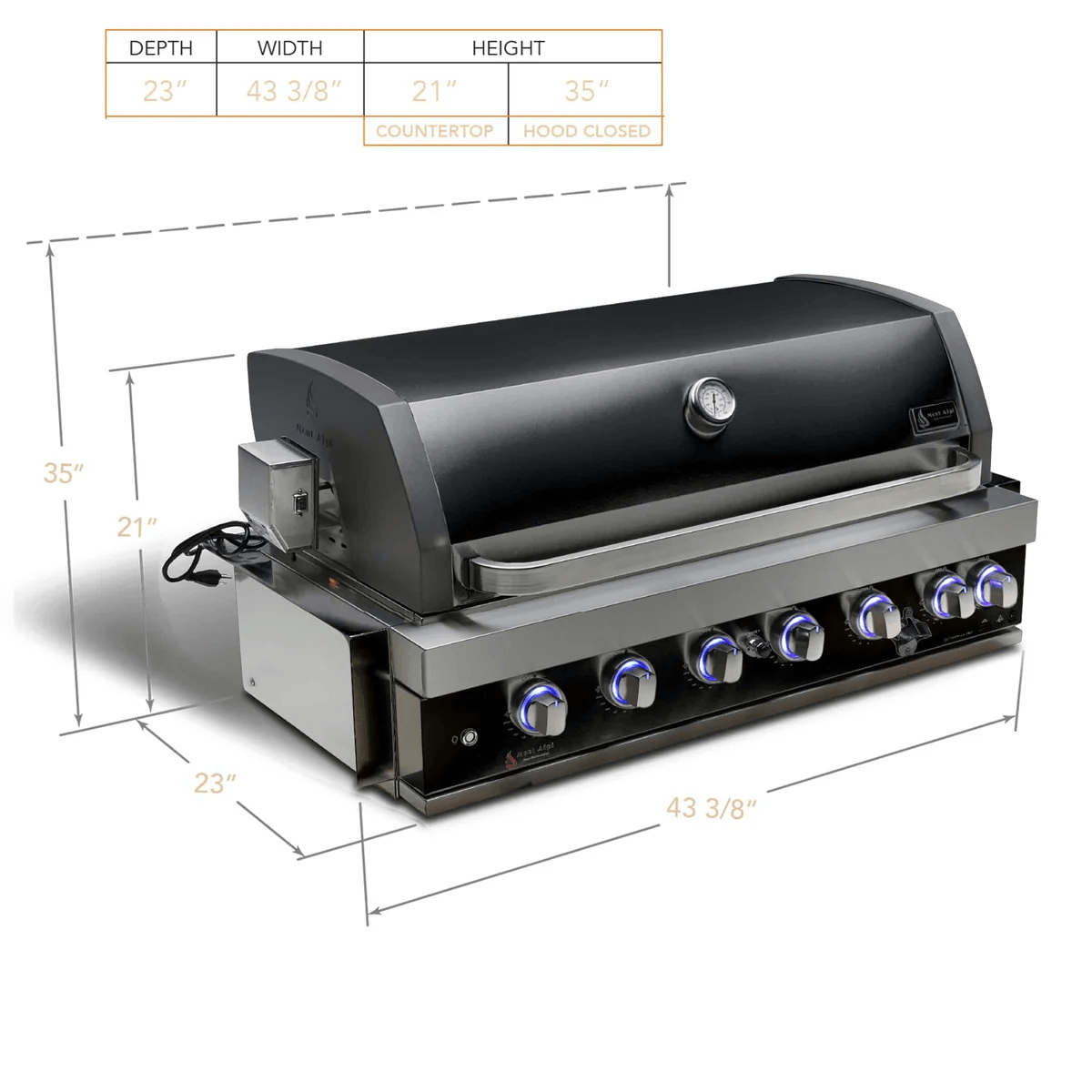 Mont Alpi 44-Inch Black Stainless Steel Built-In Grill dimension diagram showing width, depth, and hood height measurements.