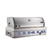Angled view of the Mont Alpi 44-Inch Built-In Grill with closed hood, stainless steel construction, temperature gauge, and blue LED-lit control knobs.