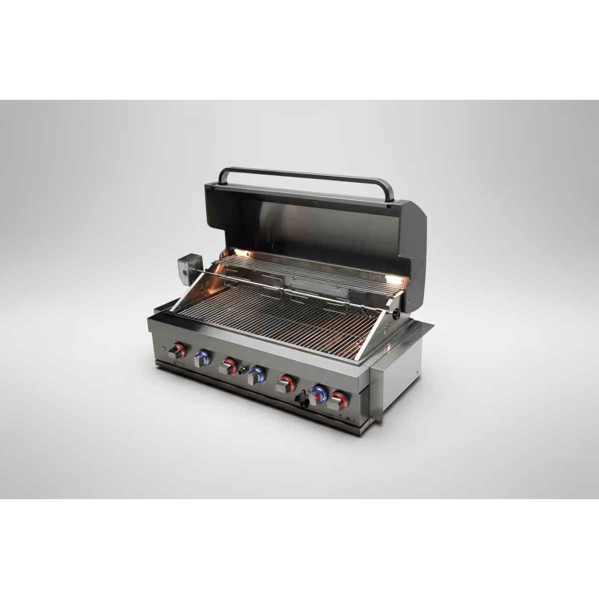 Three-quarter view of the Mont Alpi 44-Inch Built-In Grill with hood open, showcasing the spacious cooking surface, rotisserie kit, and illuminated controls.