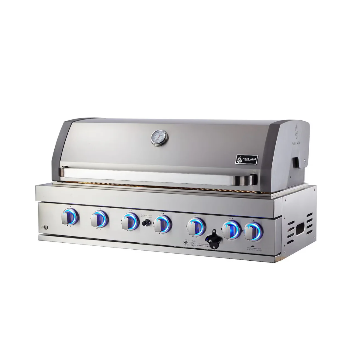 Angled front view of the Mont Alpi 44-Inch Built-In Grill with closed hood, featuring premium stainless steel construction and LED-lit burner controls.