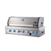Angled front view of the Mont Alpi 44-Inch Built-In Grill with closed hood, featuring premium stainless steel construction and LED-lit burner controls.