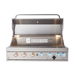 Front view of the Mont Alpi 44-Inch Built-In Grill with hood open, featuring interior cooking lights, rotisserie system, and illuminated control knobs.