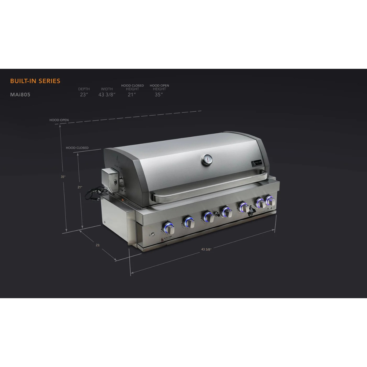 Mont Alpi 44-Inch Built-In Grill dimension diagram displaying width, depth, and hood height measurements for outdoor kitchen installations.