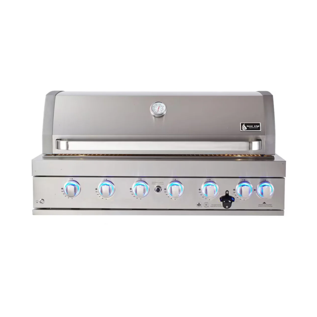 Front view of the Mont Alpi 44-Inch Built-In Grill with closed hood, integrated temperature gauge, stainless steel handle, and illuminated blue control knobs.