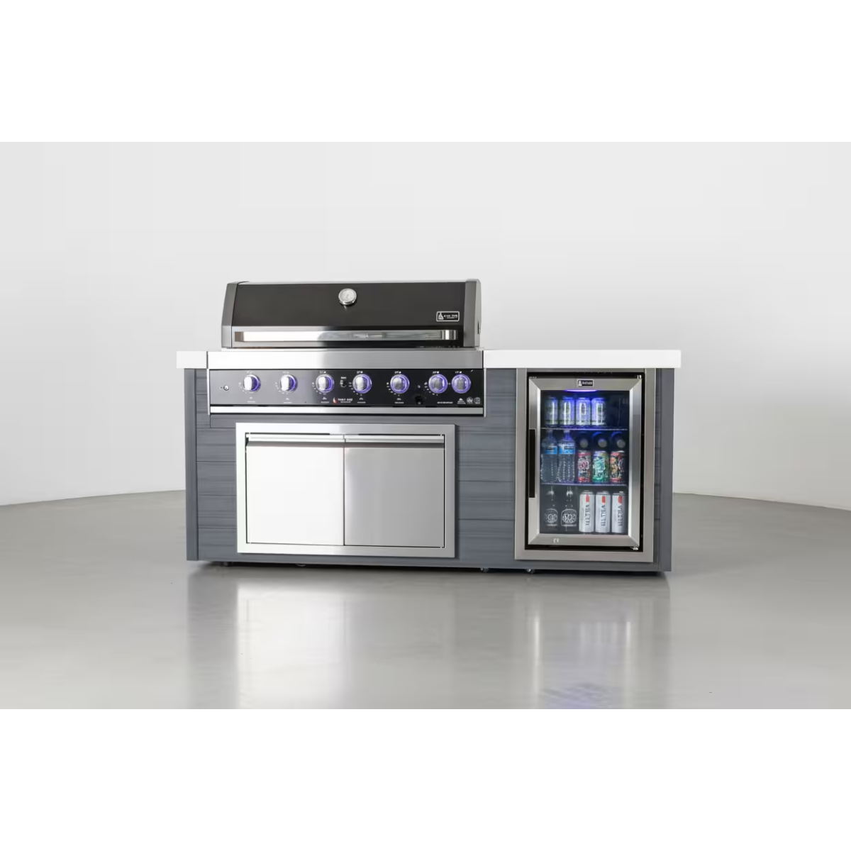 Studio display of the Mont Alpi 6-Burner Black Stainless Steel Art-wood Outdoor Island Grill showcasing black stainless steel construction, grey wood-effect panels, and built-in fridge.