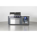 Studio display of the Mont Alpi 6-Burner Black Stainless Steel Art-wood Outdoor Island Grill showcasing black stainless steel construction, grey wood-effect panels, and built-in fridge.