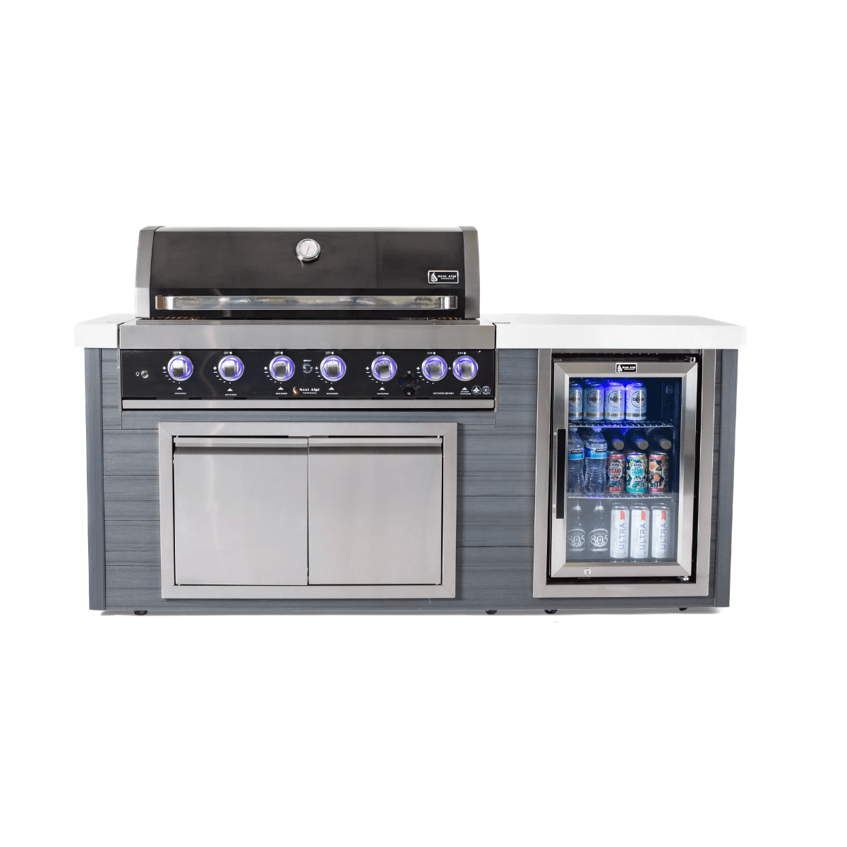 Front view of the Mont Alpi 6-Burner Black Stainless Steel Art-wood Outdoor Island Grill with black stainless hood, illuminated controls, storage cabinet, and beverage cooler.