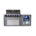 Front view of the Mont Alpi 6-Burner Black Stainless Steel Art-wood Outdoor Island Grill with black stainless hood, illuminated controls, storage cabinet, and beverage cooler.