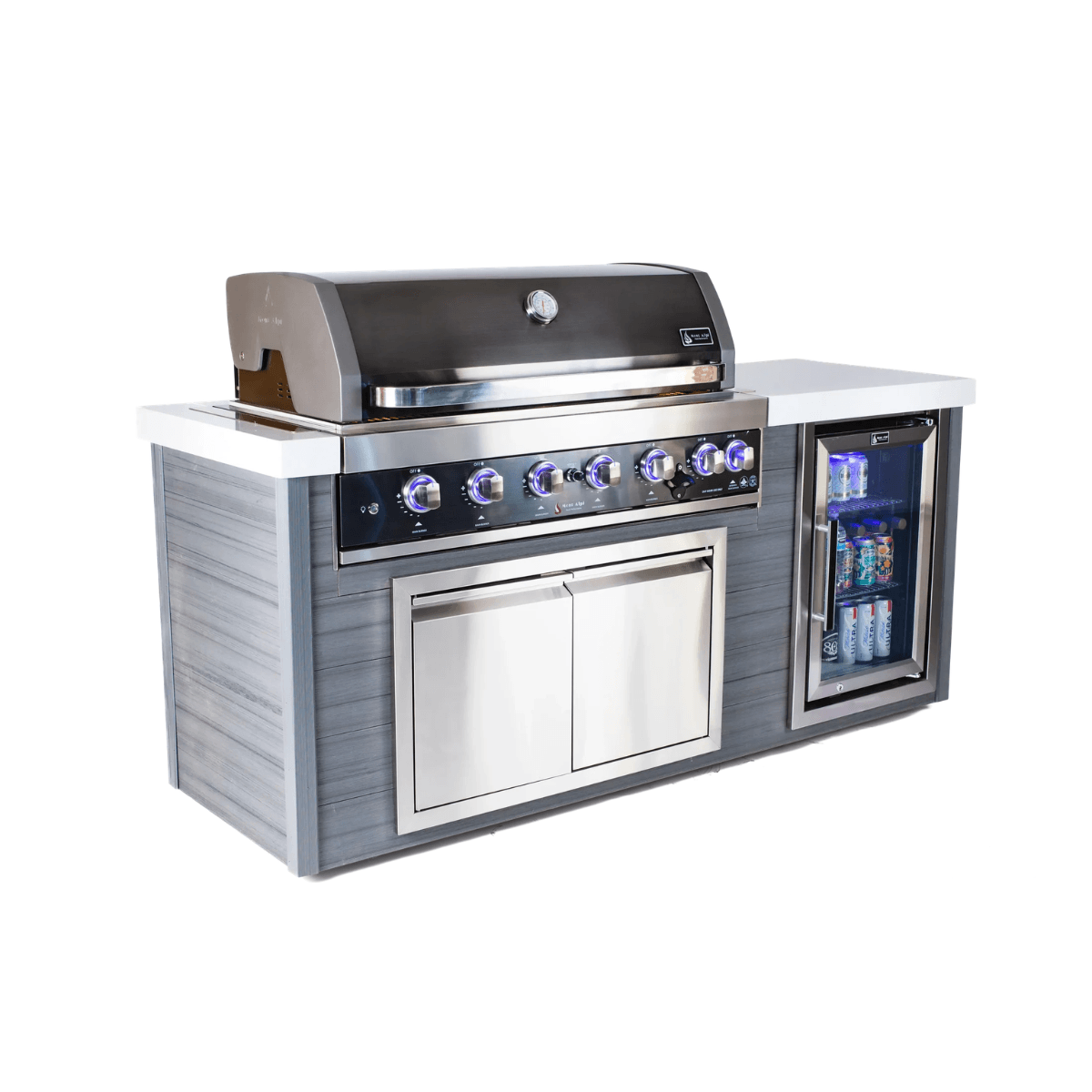Three-quarter front view of the black stainless steel outdoor kitchen island featuring six burners, blue LED-lit knobs, stainless storage doors, and integrated drinks fridge.