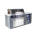 Three-quarter front view of the black stainless steel outdoor kitchen island featuring six burners, blue LED-lit knobs, stainless storage doors, and integrated drinks fridge.