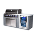 Angled view of the Mont Alpi 6-Burner Black Stainless Steel Art-wood Outdoor Island Grill with illuminated control knobs, double-door storage cabinet, and glass-front beverage refrigerator.