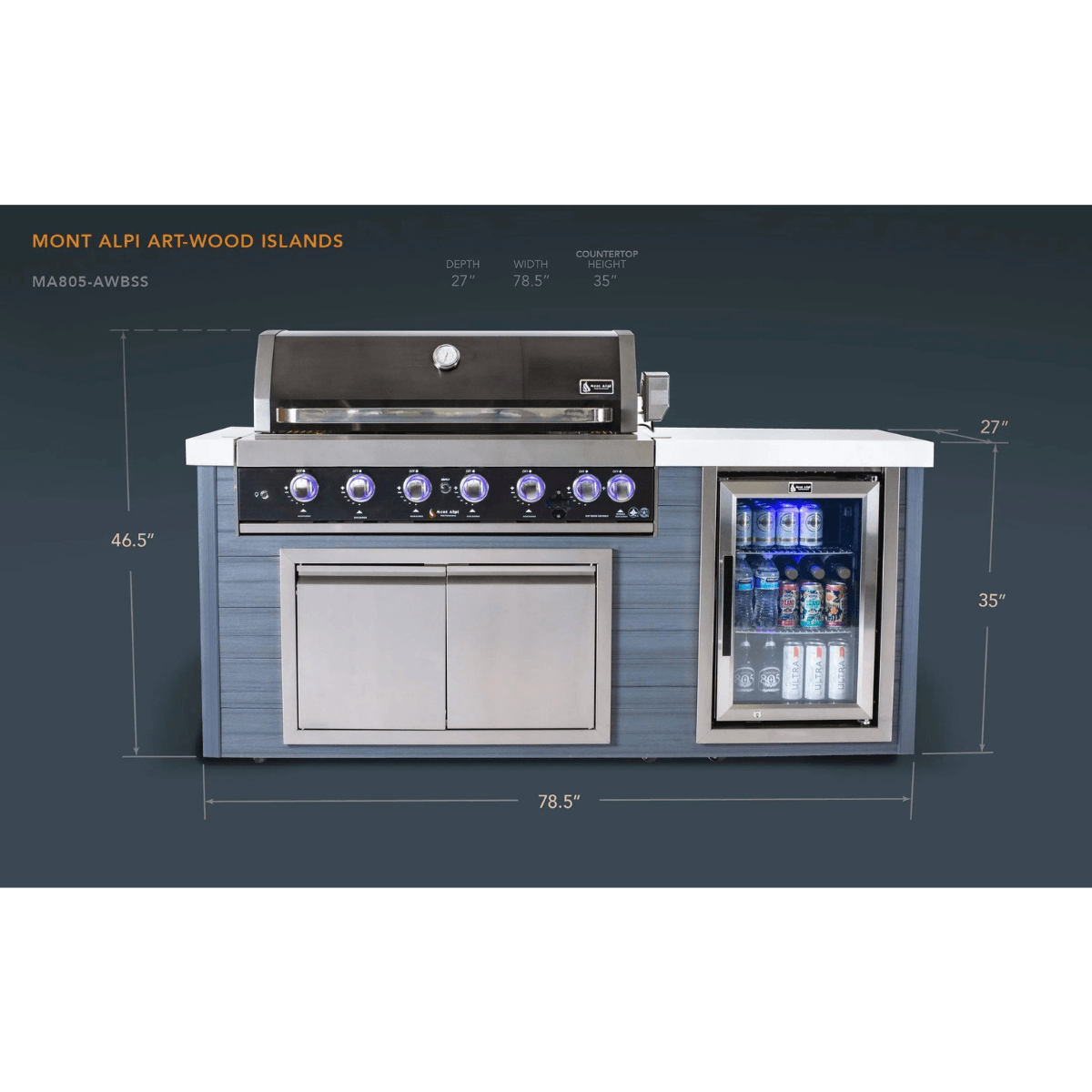 Dimension diagram of the Mont Alpi 6-Burner Black Stainless Steel Art-wood Outdoor Island Grill showing width, depth, height, and overall unit measurements.