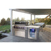Mont Alpi 6-Burner Black Stainless Steel Art-wood Outdoor Island Grill installed in a covered patio dining area with illuminated beverage fridge and modern outdoor entertaining space.