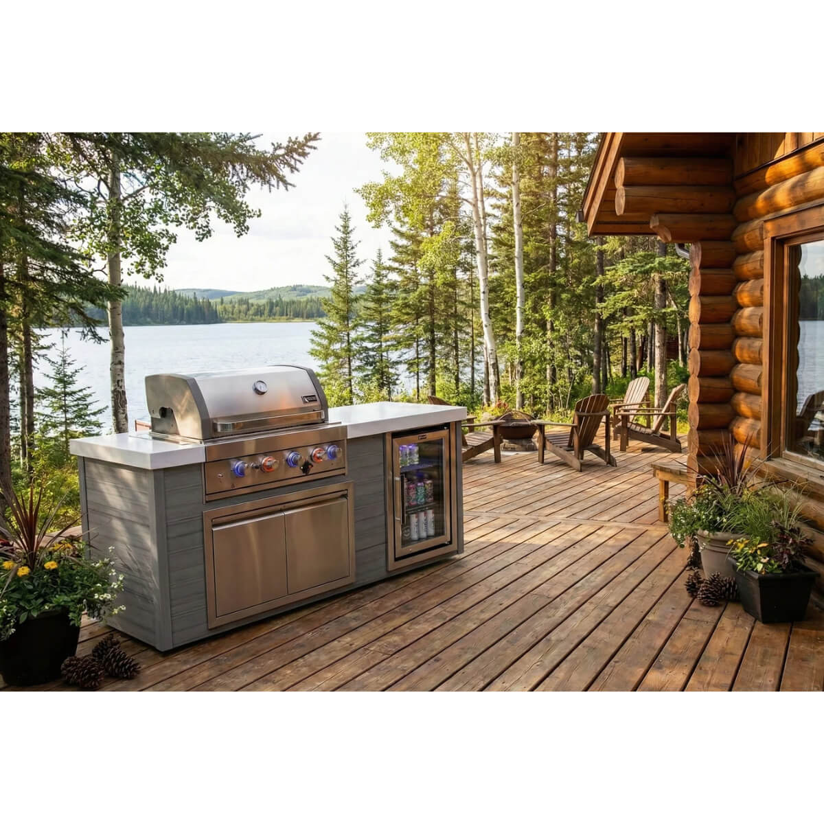 Mont Alpi 6-Burner Black Stainless Steel Art-wood Outdoor Island Grill on a lakeside cabin deck, featuring a built-in beverage fridge, storage cabinet, and scenic woodland backdrop.