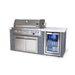 Three-quarter view of the Mont Alpi Art-wood outdoor kitchen island with stainless steel grill, refrigerated drinks display, and weather-resistant grey wood-effect finish.