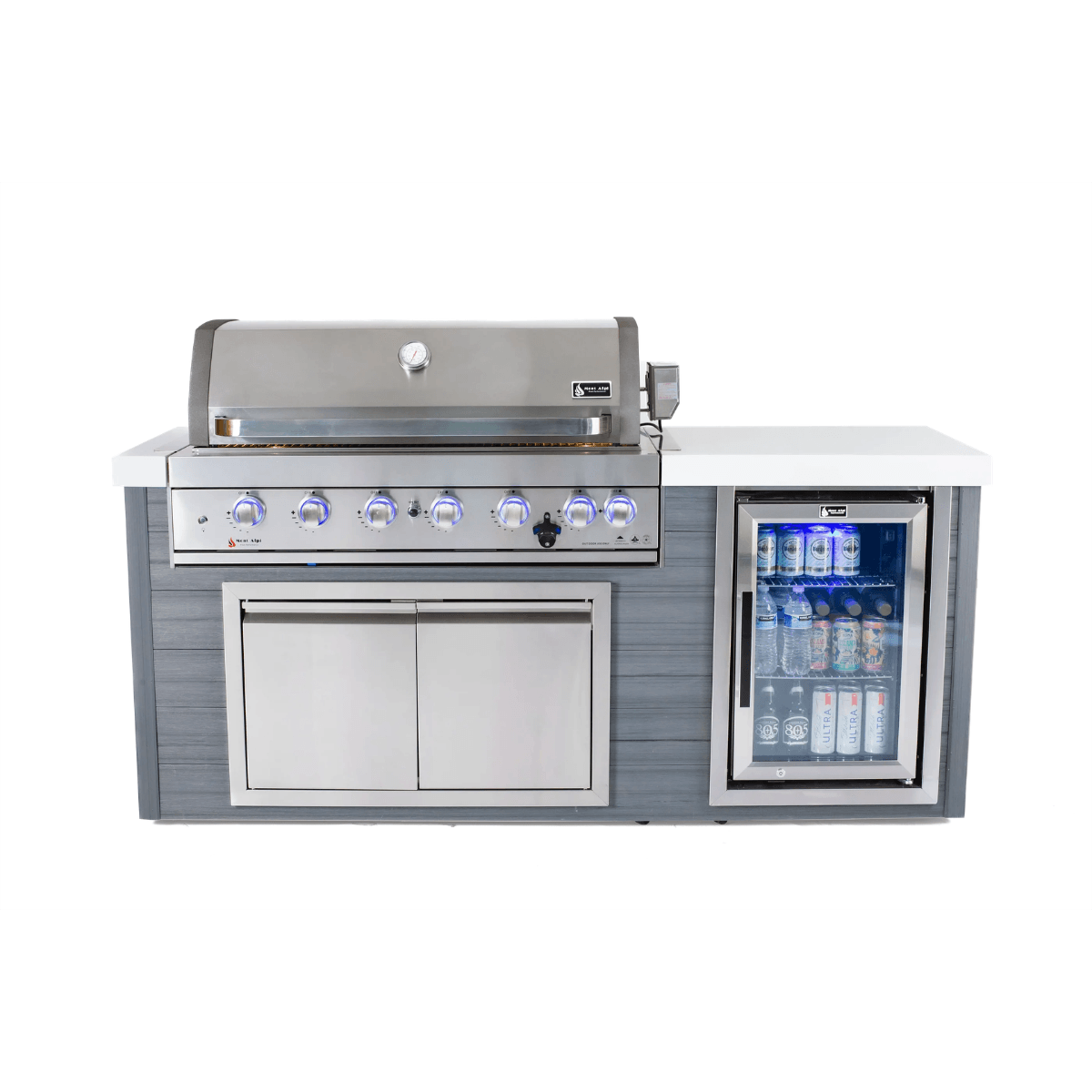 Front view of the Mont Alpi 6-Burner Stainless Steel Art-wood Outdoor Island Grill featuring six burners, illuminated control knobs, double-door storage cabinet, and integrated beverage refrigerator.