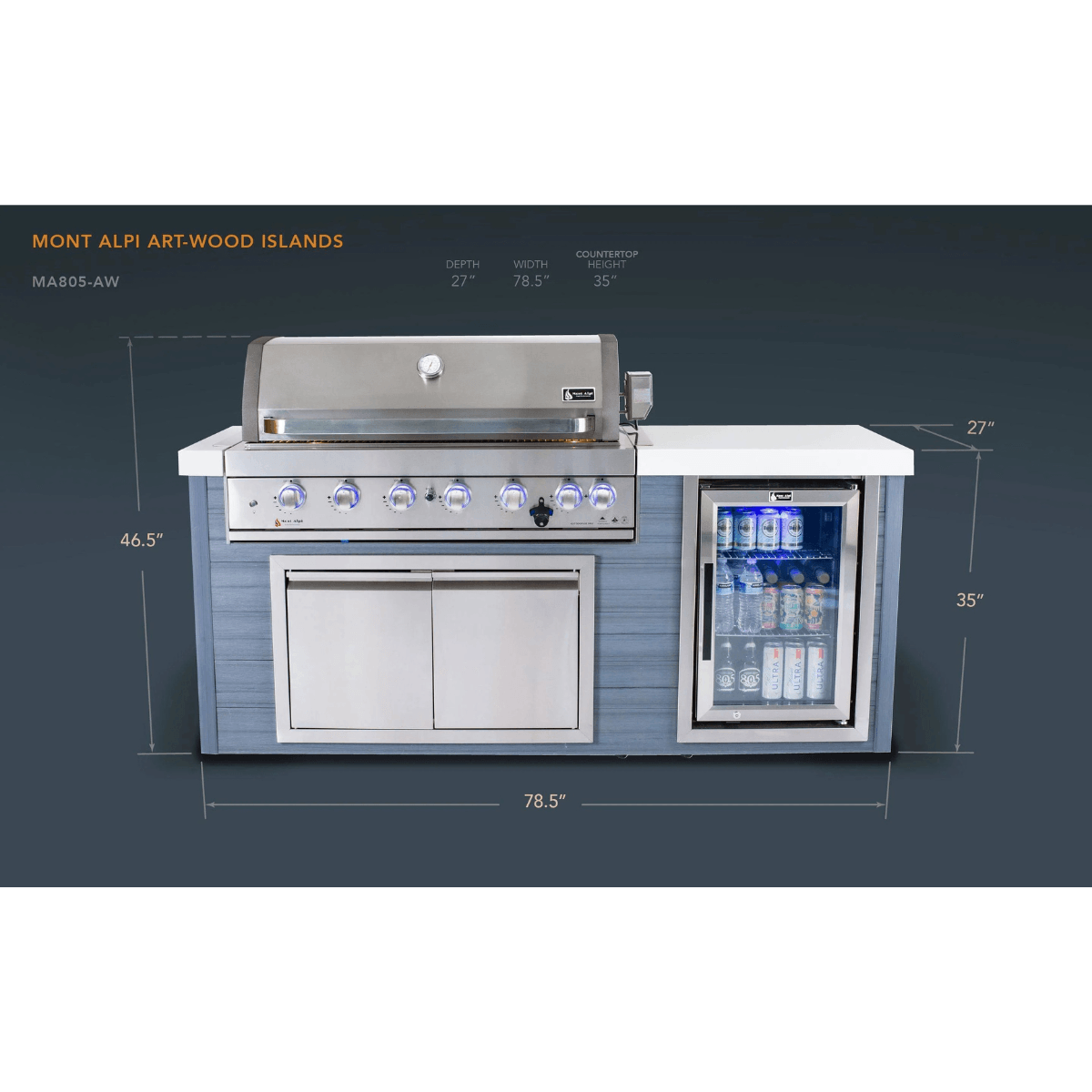 Dimension diagram of the Mont Alpi 6-Burner Stainless Steel Art-wood Outdoor Island Grill showing width, depth, countertop height, and overall grill measurements.